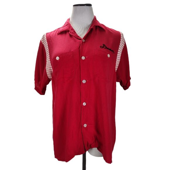 Vintage 50s Rayon Chain Stitch Bowling Shirt Size M Red Dean JCC Men's Club - Picture 1 of 13